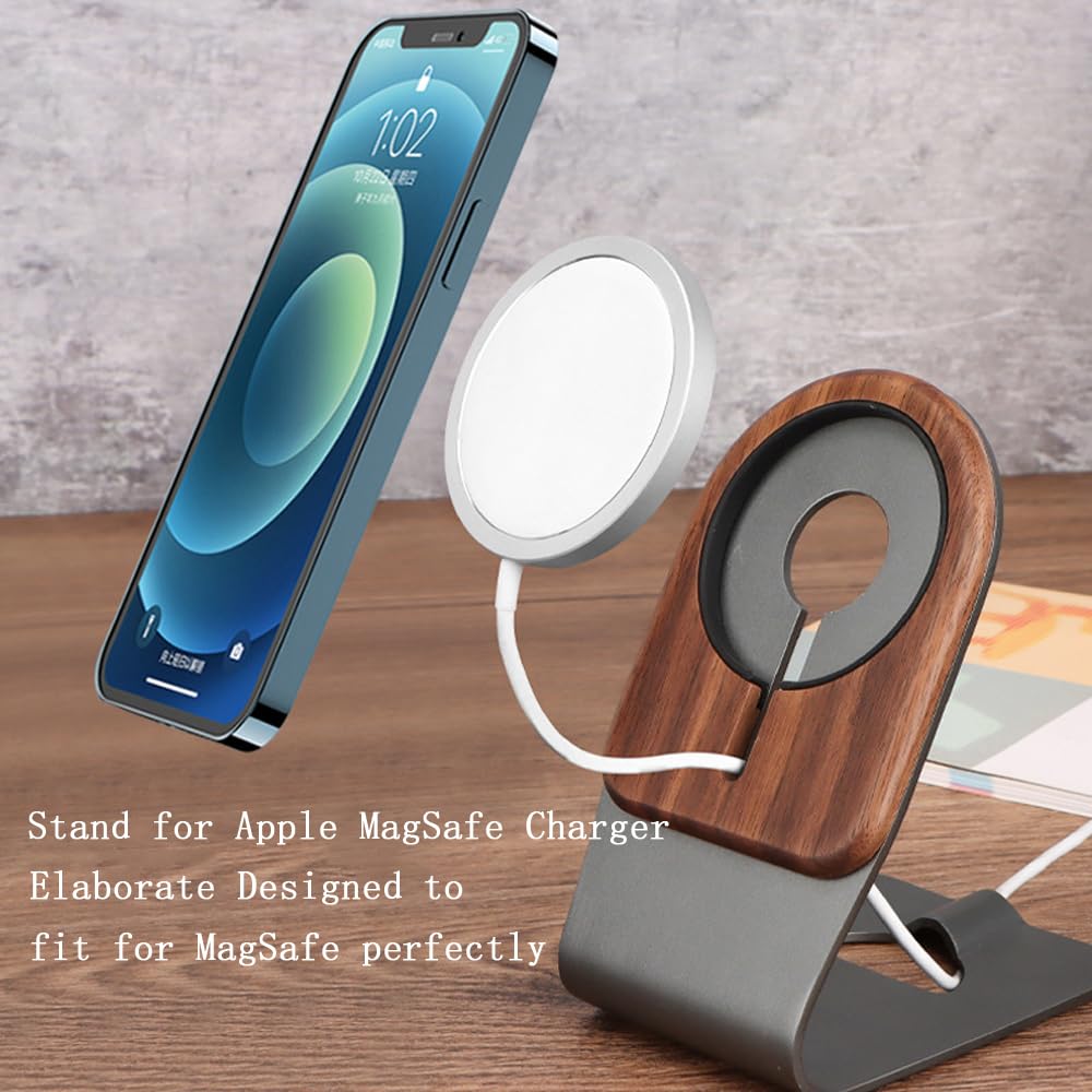 GOODKSSOP Luxury Aluminium Aloy + Solid Wooden Stand for MagSafe Charger, Desktop Holder for MagSafe Wireless Charging Accessories, Compatible with GOODKSSOP