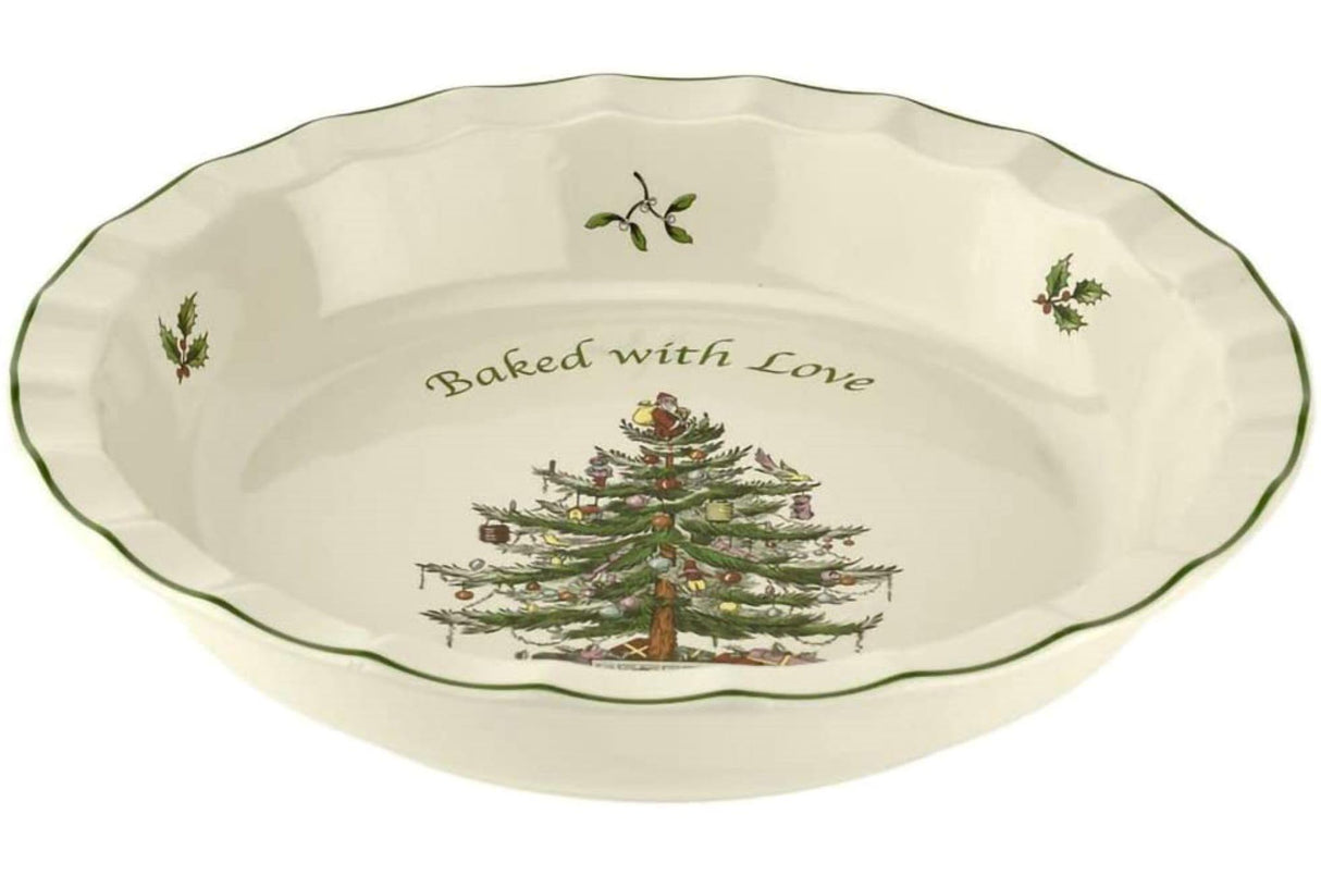 Spode Christmas Tree 10-Inch Pie Dish - Round Baking Dish for Holiday Desserts - Festive Earthenware Serveware for Christmas Table Setting - Dishwasher, Microwave, Oven Safe - Holiday Dishware Spode