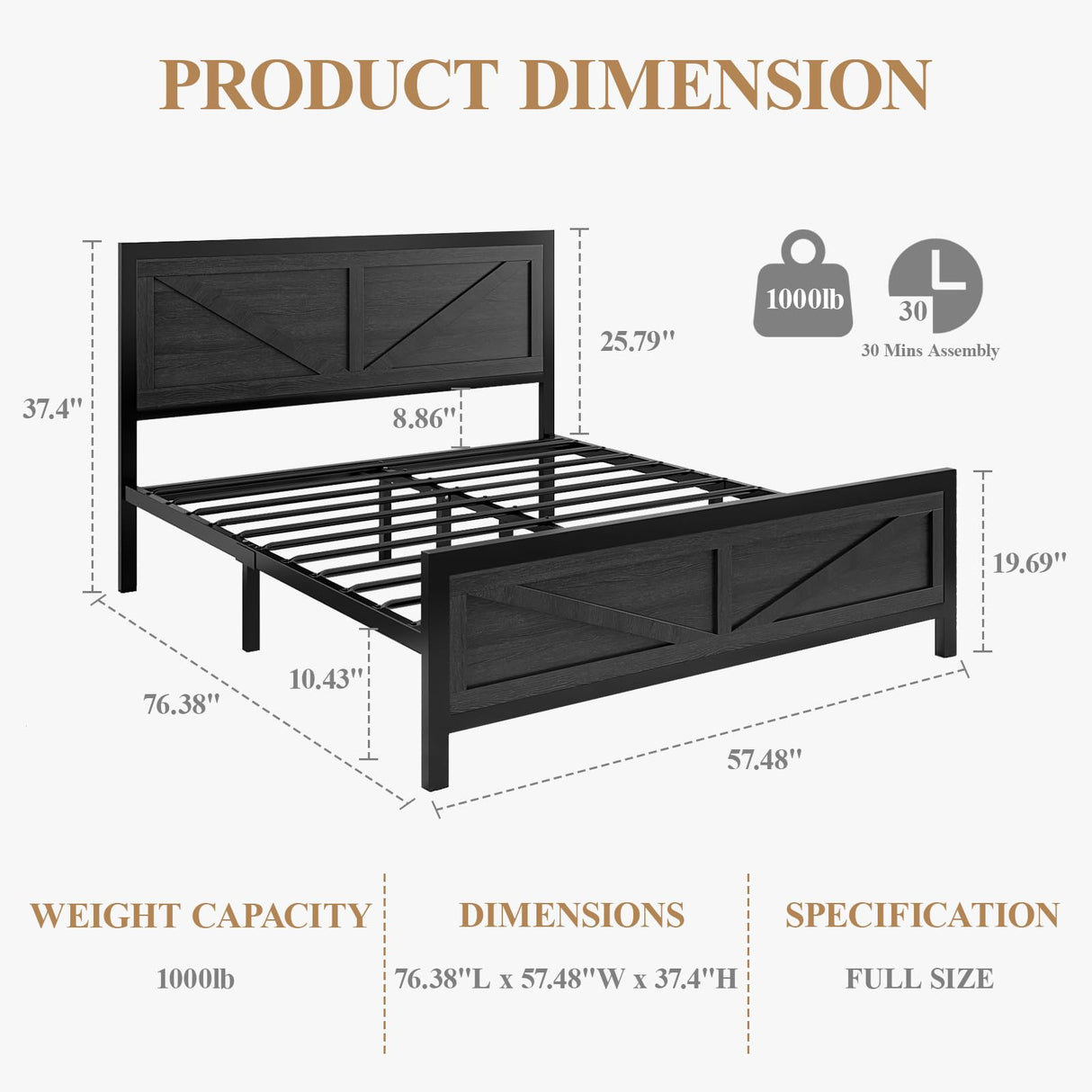 DOGIBIXO Full Size Bed Frame with Led Lights and USB Charging, Industrial Platform Bed Frame with Farmhouse Barn Door Headboard, Strong Metal Slats Support, Noise Free, No Box Spring Needed, Black DOGIBIXO