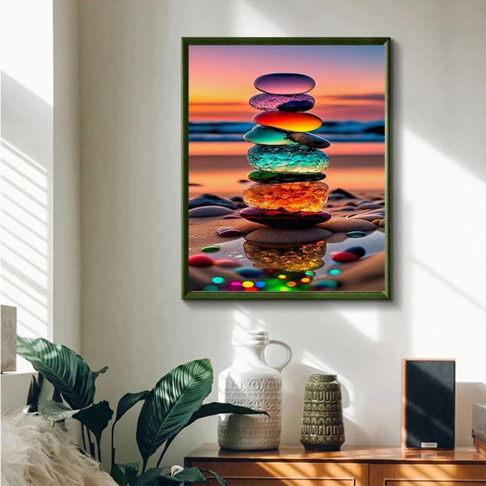 JUJUHOOD Sunset Beach Stone Paint by Numbers Beginner,Beach Scenery Paint by Number Kit for Adults, Adult Paint by Number Canvas with Paintbrushes and Acrylic Pigment16x20 inch,Sunset Beach Stone JUJUHOOD