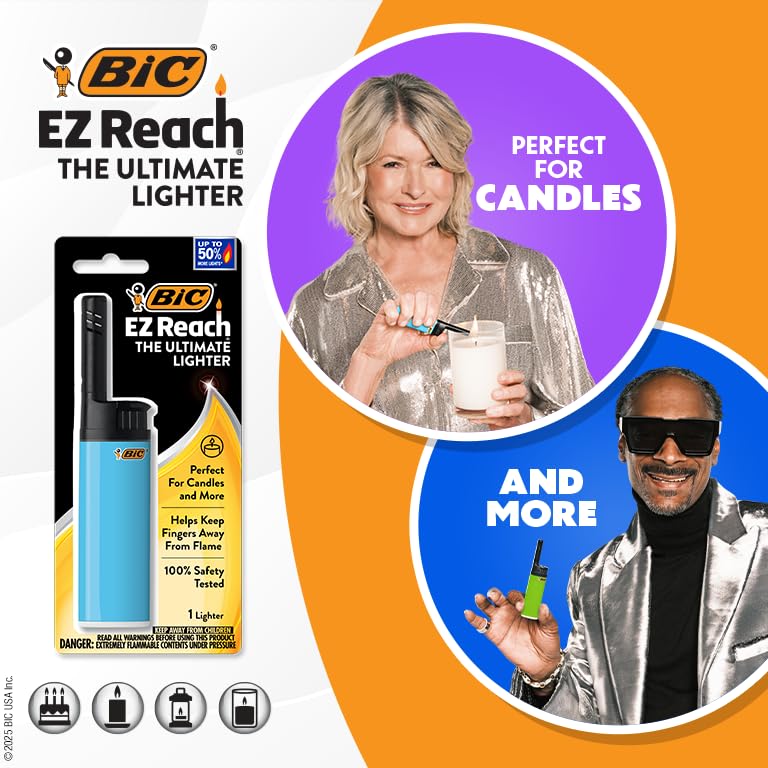 BIC EZ Reach Candle Lighter, The Ultimate Lighter with Extended Wand for Grills and Firepits (1.45-inch), Favorites Series, 6 Count Pack (Assortment of Designs May Vary) BIC