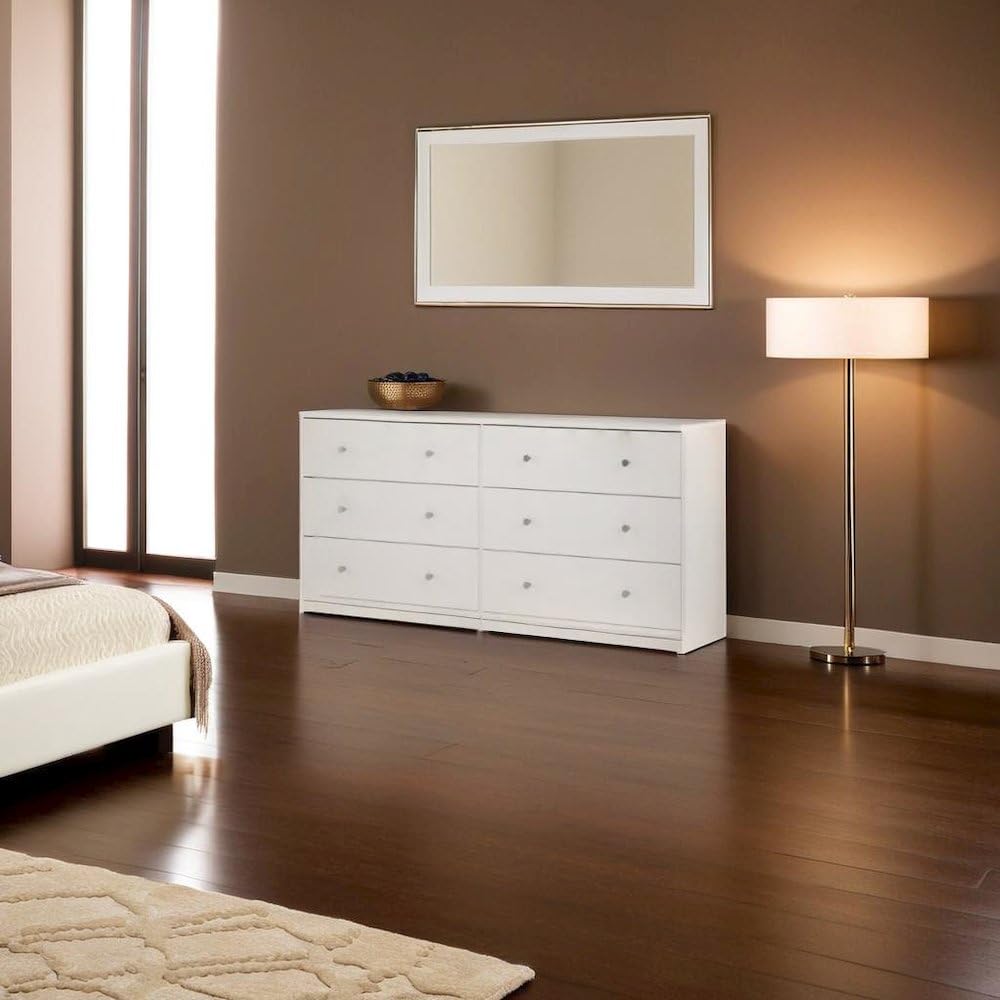 Sleek 6 Drawer Double Dresser in White by FurniFact, Ideal for Maximizing Storage in Compact Living Areas While Enhancing Decor Furnifact