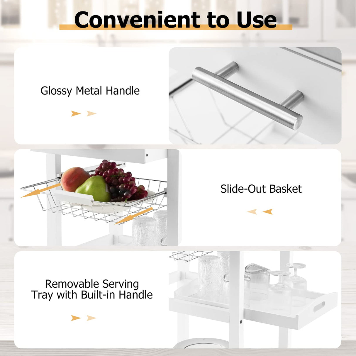 GOFLAME Kitchen Island Cart with Drawer, Rolling Kitchen Cart on Wheels with Stainless Steel Countertop, Metal Basket, Serving Tray, Lockable Casters, Utility Trolley Cart for Dining Room, White GOFLAME