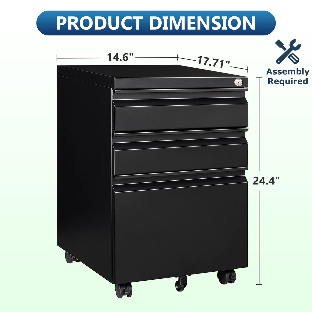 AFAIF 3 Drawer Mobile File Cabinet with Lock, Rolling File Cabinet for Home Office, Under Desk Small File Cabinet, Metal Vertical Black Filing Cabinet for Legal/Letter/A4 File, Black AFAIF