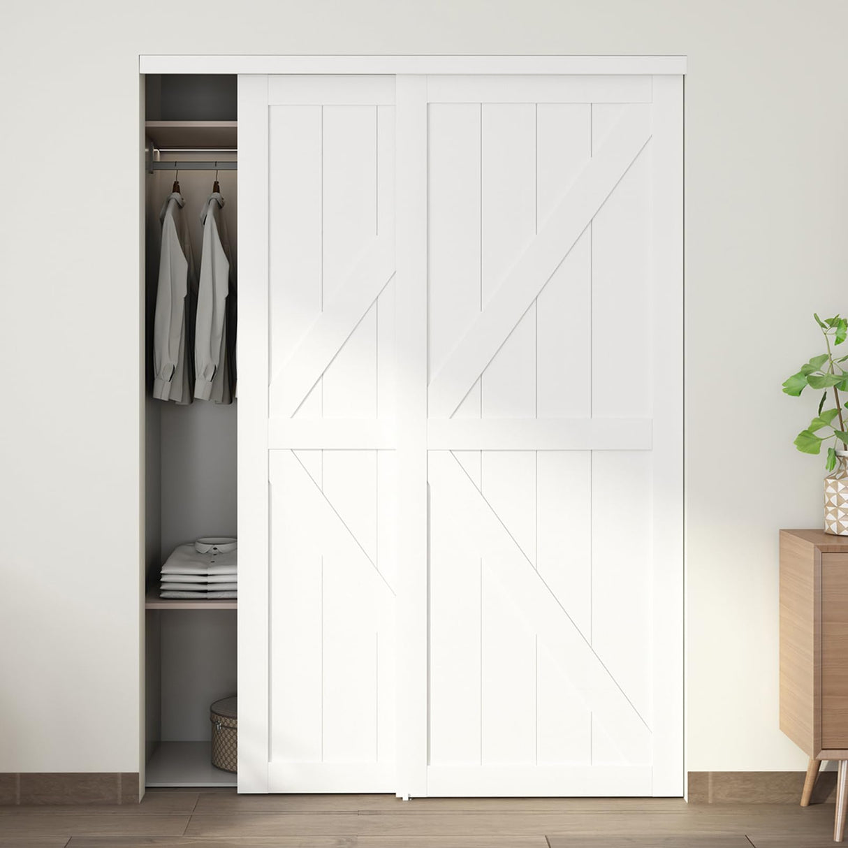 JUBEST 60"(Double 31") x80" Sliding Closet Door, K Style MDF Bypass Closet Door with Hardware Kit & Matching Fascia, Preassembled Solid Wood Slab with Water-Proof PVC Surface, Easy to Install, White JUBEST