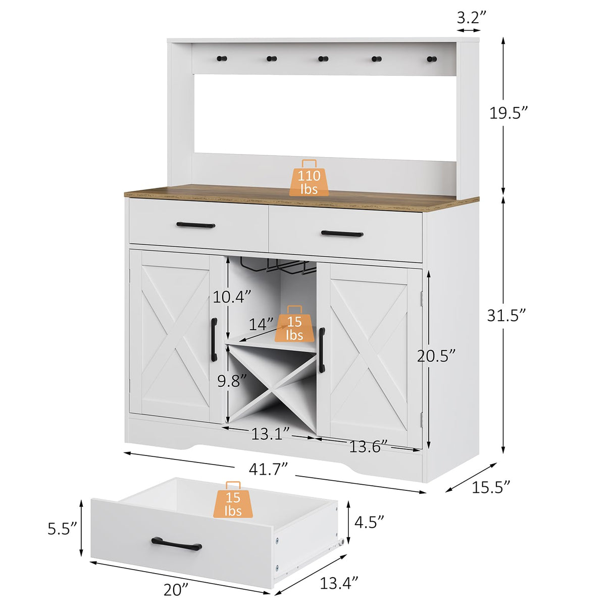 Buffet Cabinet with Storage,Sideboard Kitchen Storage Cabinet41.7 L x15.5 W x 47" H Farmhouse Coffee Bar Cabinet, with 2 Drawers and Shelves,Coffee Station Home Liquor Bar,White Mufico