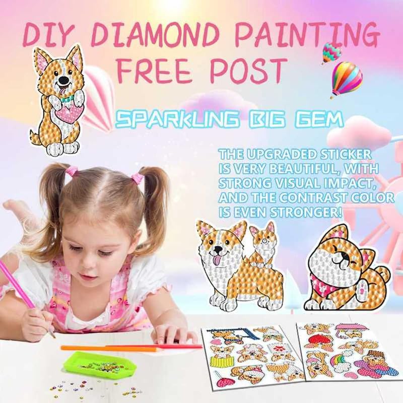 MEGZIHXN Kawaii Diamond Art Stickers,Corgi Puppy Peach Butt Sports Bath Hot Air Balloon Rainbow Love with Holographic Stickers Gem Painting Diamond Art Kits for Kids MEGZIHXN
