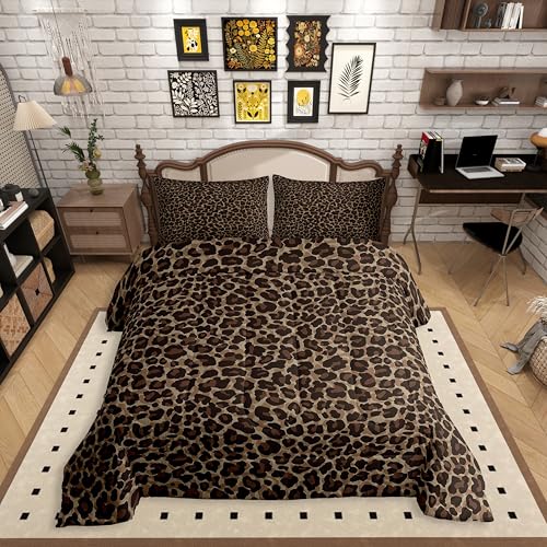 Erosebridal Cheetah Print Queen Comforter Set for Teens Adults,Brown Leopard Bedding Set,Animal Skin Texture Down Comforter,Rustic Bed Set with 2 Pillowcases Microfiber Soft Erosebridal