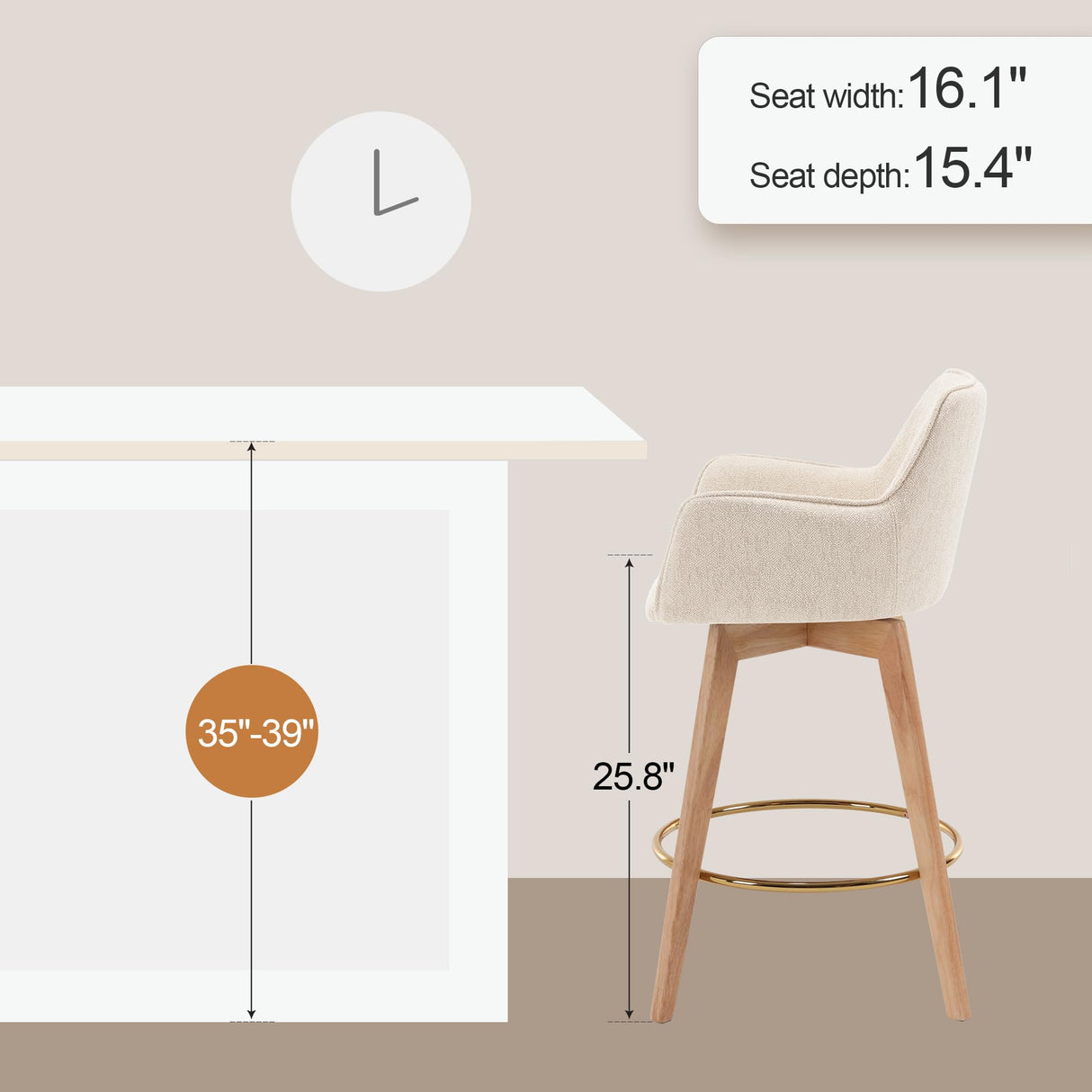 ONEVOG Modern 26" Counter Height Bar Stools Set of 4, Swivel Kitchen Island Tall Chairs with Back, Arm, Footrest and Solid Wood Legs, Linen Fabric Upholstered Farmhouse Barstools for Countertop, Beige ONEVOG