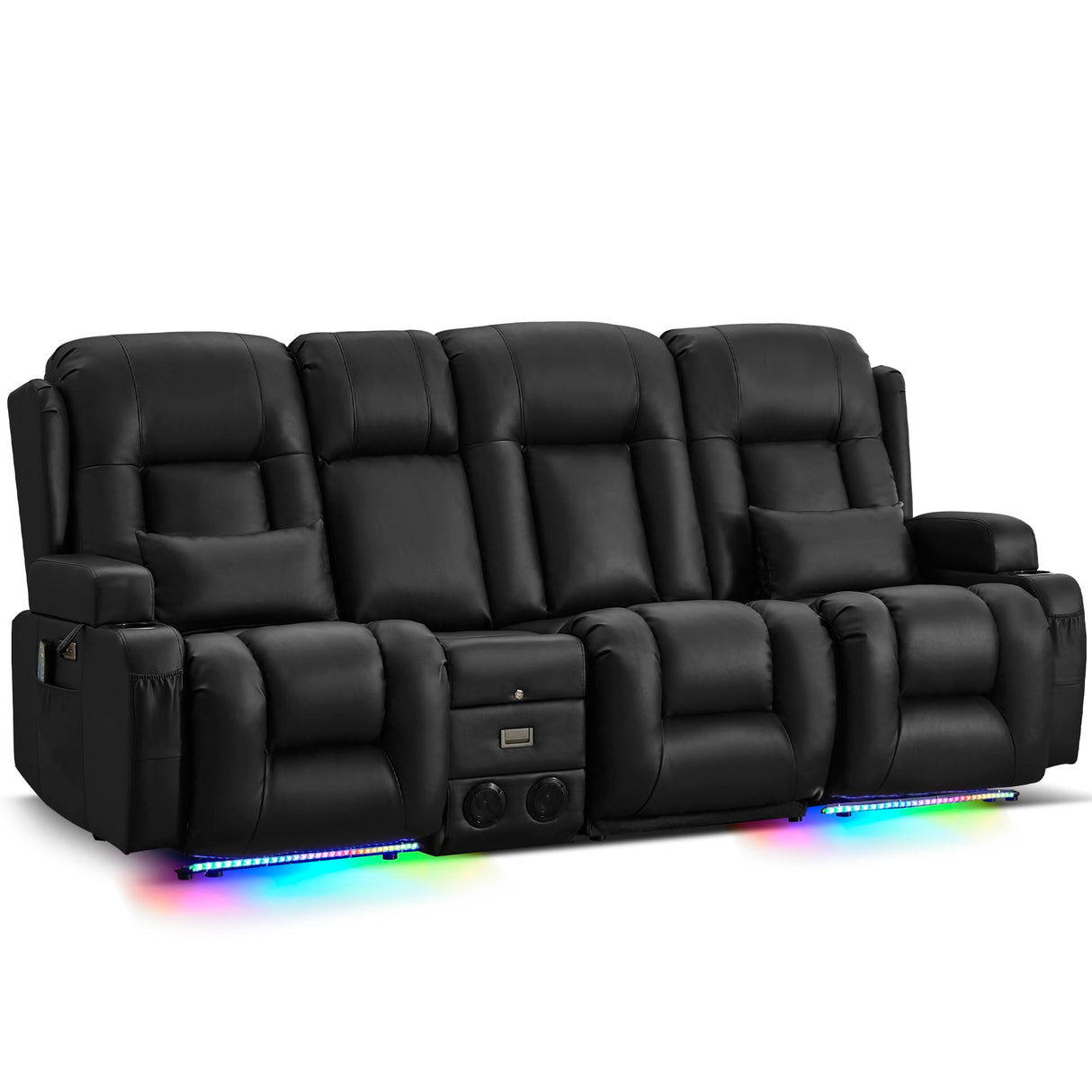 URRED Loveseat Recliner Sofa with Massage and Heat, Power Reclining Loveseat Sofa RV Couch with Console and Middle Seat, 3-Seater Home Theater Seating with LED Lights, Faux Leather, Black URRED