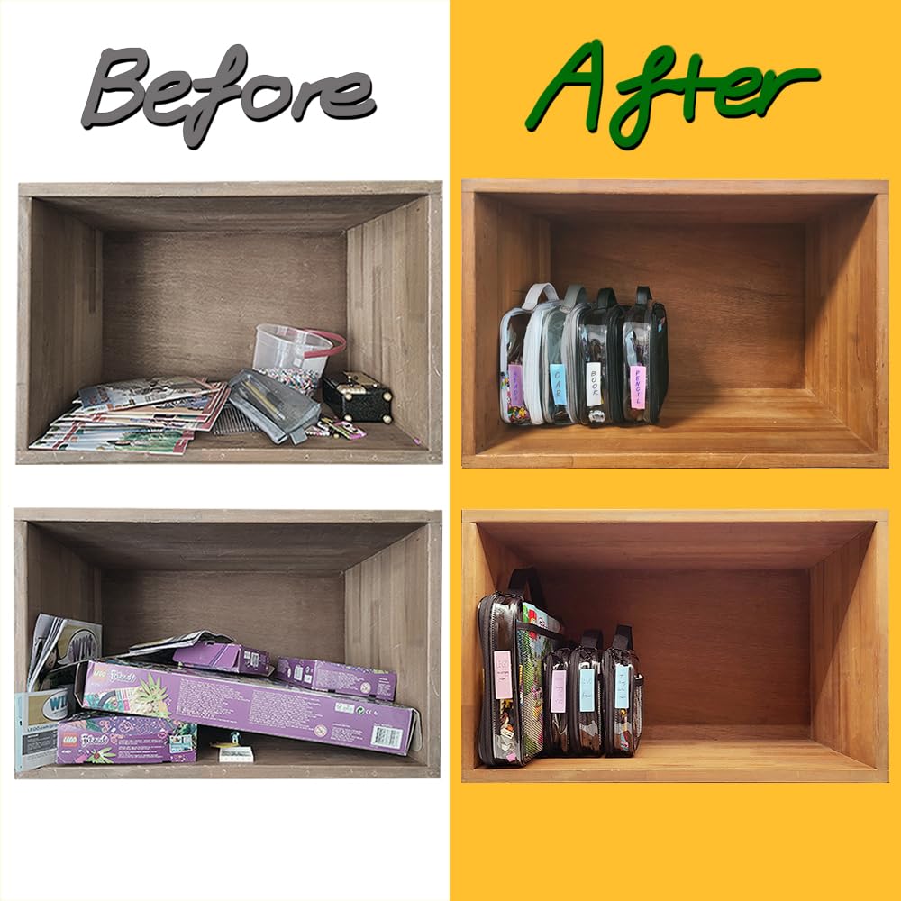 holay 4 Packs PVC Zippered Blocks Set, Toy, Clay, Board game Storage Organizer Case (Name Tag, Manual Pocket) (Black, Large) holay