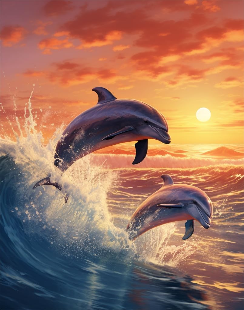 Zariocy 5D Diamond Art Kits for Adults Sunset Dolphin, DIY Diamond Painting Art Sea Animals Round Full Drill Crystal Diamond Embroidery Paintings Arts Craft for Home Office Wall Decor 12x16 inch Zariocy