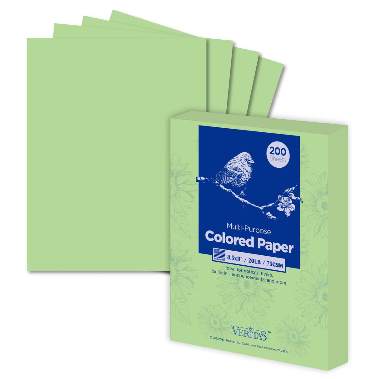 WritePads Veritas Colored Copy Paper, Green Colored Printer Paper 8.5” x 11”, 20 lb / 75 GSM, 200 Sheets (1 Reams) Computer Paper, Multi-Purpose paper, Made in USA WritePads