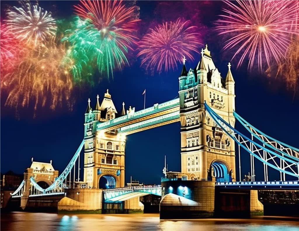 Kaliosy 5D Diamond Art Painting Kits for Adult London Bridge by Number Kits, Paint with Diamonds Art Fireworks Landscape DIY Full Drill, Crystal Craft Cross Stitch Embroidery Decoration 12x16inch Kaliosy