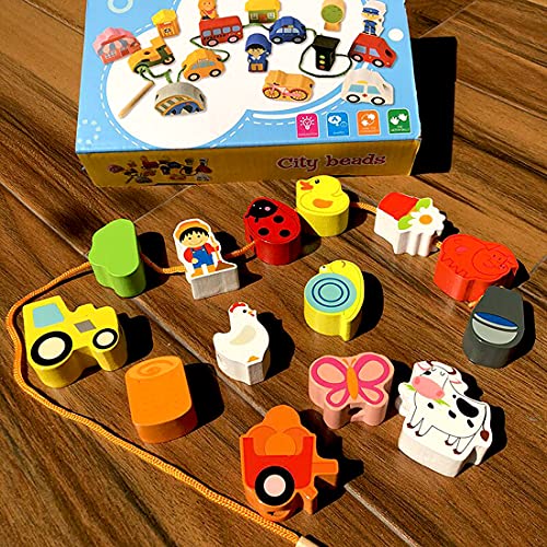 Lacing Farm Toy Wooden Block Set, Early Educational Toys String & Lacing Beads Games for Toddlers Kids Farm Animal Learning Play Set (16 Pieces) Newraturner