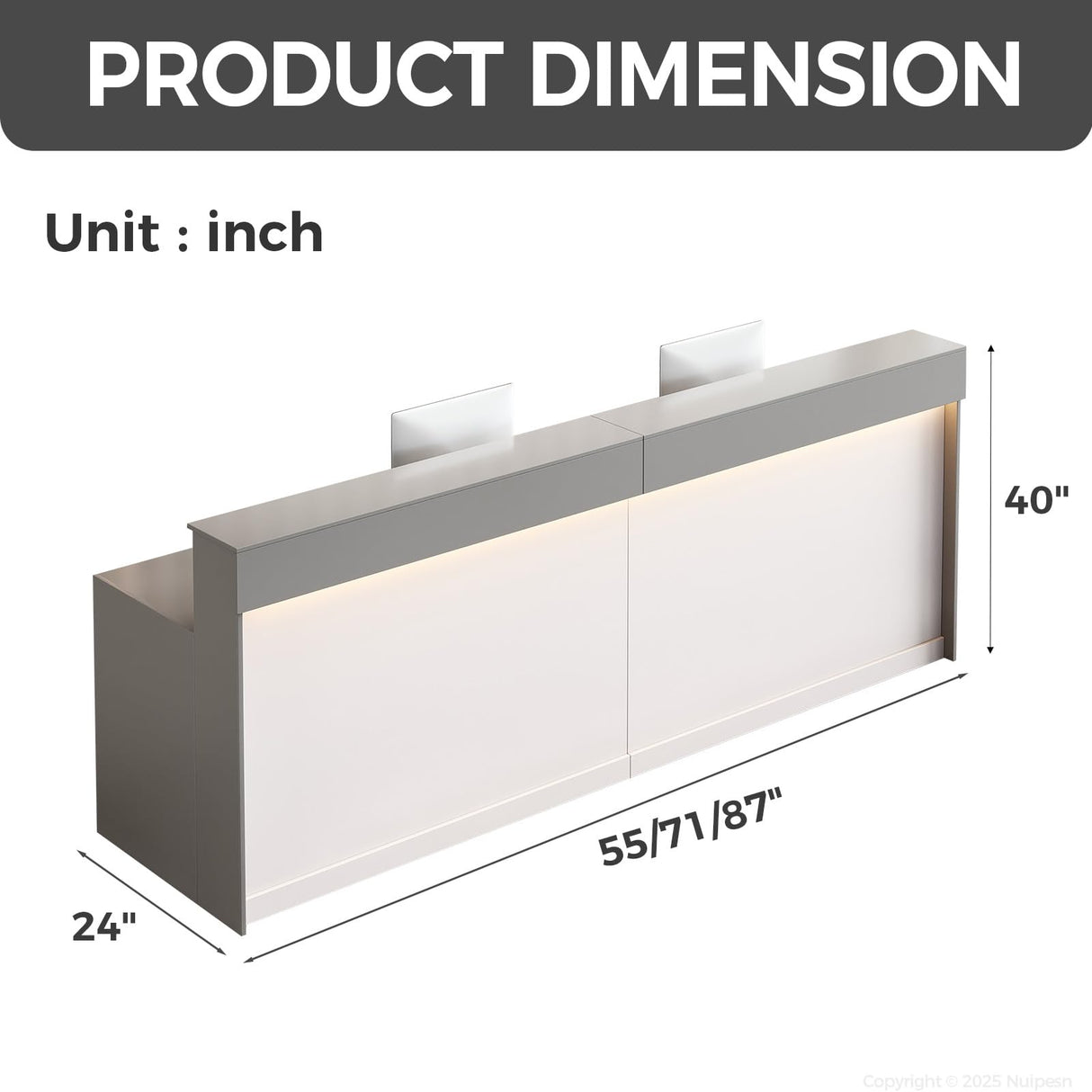Nuipesn Modern Reception Desk Front Desk with LED Strip Lighting, Lockable Drawers, and Versatile Storage for Office, Checkout (Gray/Regular Type, 86.61" L*23.62" W*39.37" H) Nuipesn
