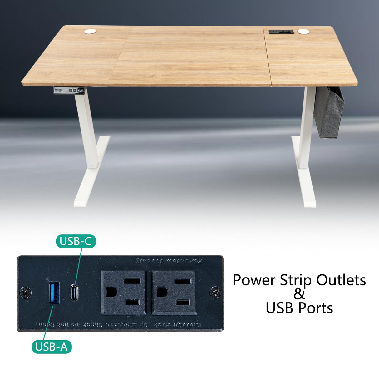 PORIYA 55x24 Inch Electric Height Adjustable Standing Desk with Cable Management, Acceptable 220V,Splice Board, Mouse Pad, 2-Outlet Power Strip with USB 20W Charger, and Casters(White Frame&Log Top) PORIYA