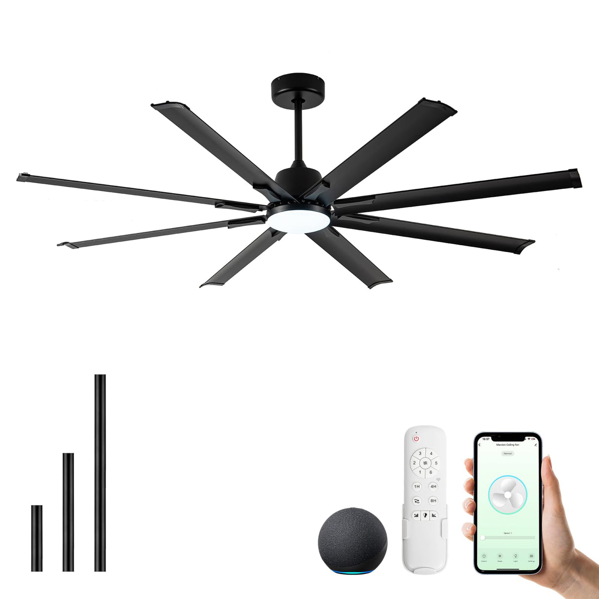 Maxslak 72 Inch Ceiling Fan with Light,Industrial Ceiling Fan with 8 Black Aluminium Blades,Smart Fan Works with Alexa,Garage Outdoor/Indoor Fan for Patio and Living Room Maxslak