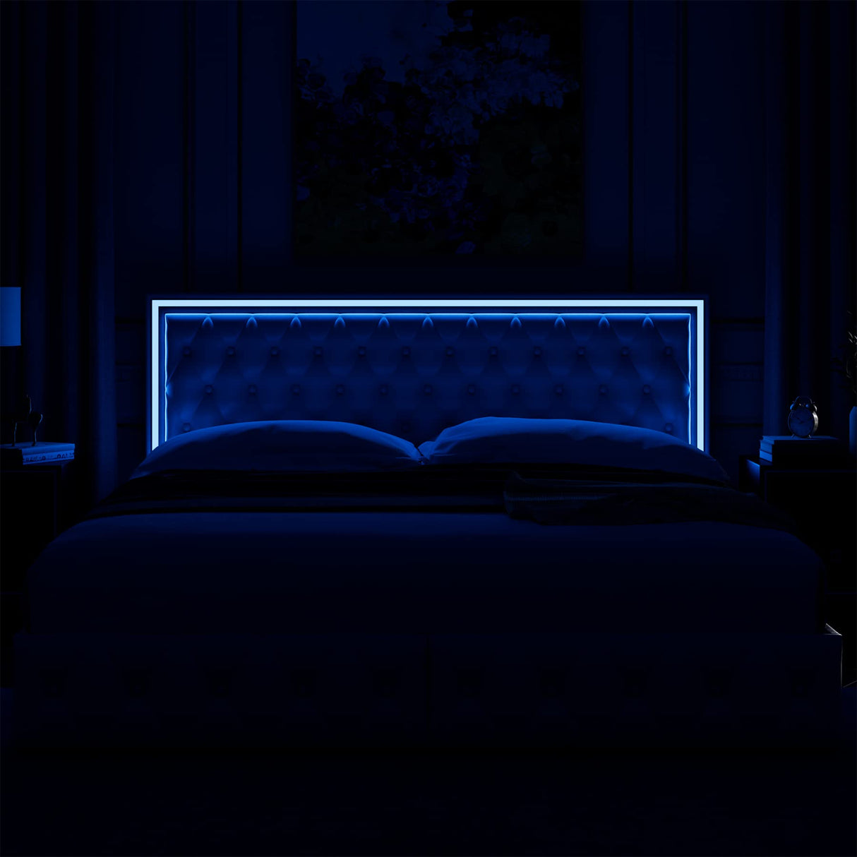 Keyluv King Upholstered LED Bed Frame with 4 Storage Drawers and Adjustable Tufted Headboard in White Keyluv