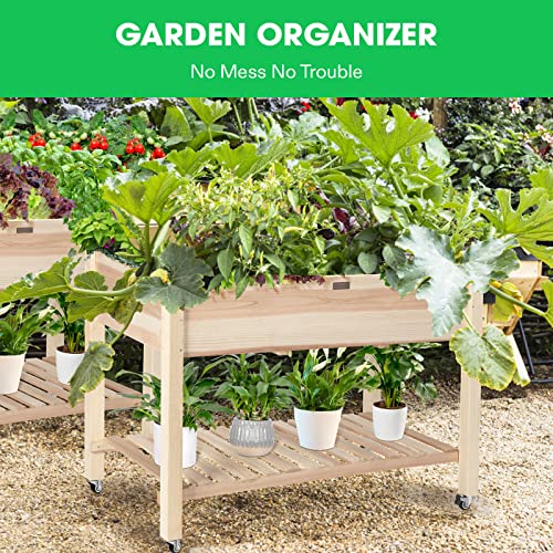 VIVOSUN Elevated Wooden Raised Garden Bed, 46 x 24 x 32 Inches, Mobile Outdoor Planter Box with Storage Shelf and Protective Liner for Outdoor Use, with Lockable Wheels VIVOSUN