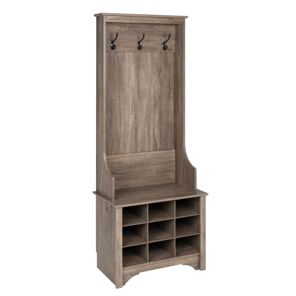 Prepac Gray Hall Tree, Shoe Cabinet, Storage Cabinet with 9 Shoe Cubbies and 3 Double Coat Hooks 15.5" D x 27" W x 68" H Prepac