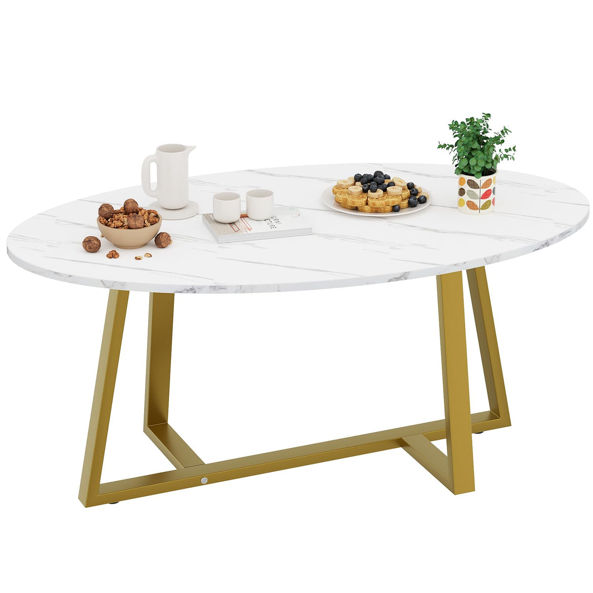 Wolawu Coffee Table White Faux Marble Coffee Table for Living Room,Oval Center Tables Modern Tea Table for Small Space,Wooden Living Room Tables End Table with Sturdy Gold Metal Leg Wolawu