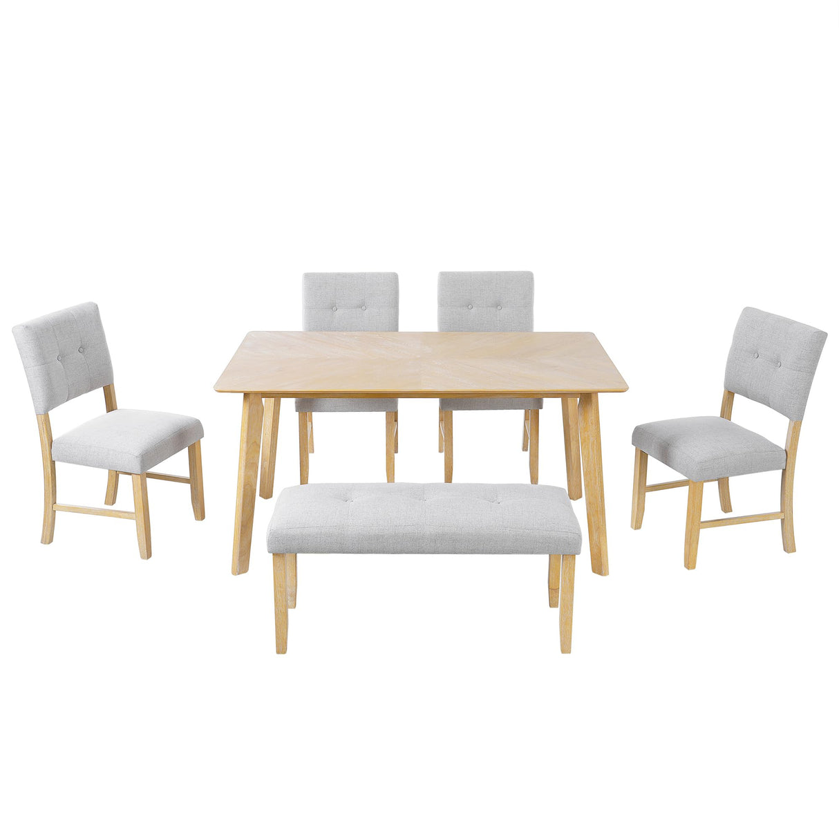 Merax 6 Piece Solid Wood Dining Table Set for 6, Rustic Farmhouse Rectangular with 4 Upholstered Wooden Chairs and 1 Bench, Kitchen Room, Natural Wood Wash Merax