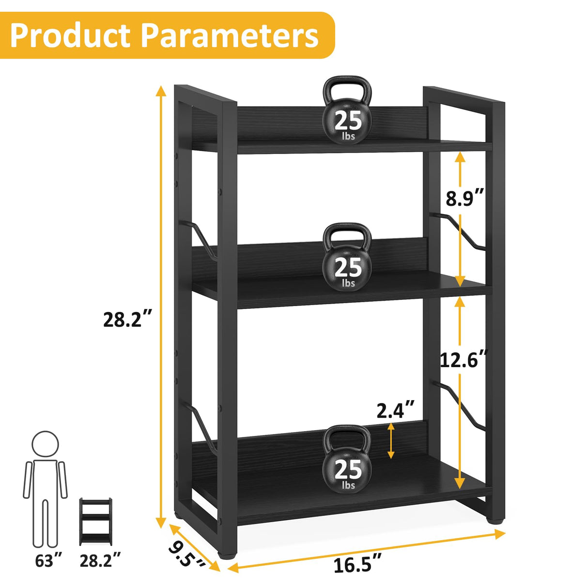 Hosfais Book Shelf Small Bookshelf - 3-Tier Wood Bookcase Industrial Bookshelf Metal Narrow Bookcase Storage Organizer Display Rack for Bedroom Living Room Home Office (Black) Hosfais
