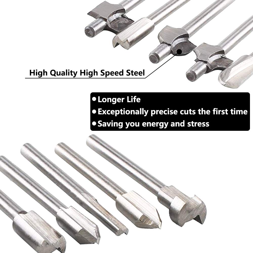 Saiper 10pcs HSS Carpentry Router Bits 1/8 Inch( 3mm ) Shank Engraving Bits Fit for Dremel Foredom Rotary Tools Set for Edge Grooving Wood Deburring Engraving and Milling Saipor