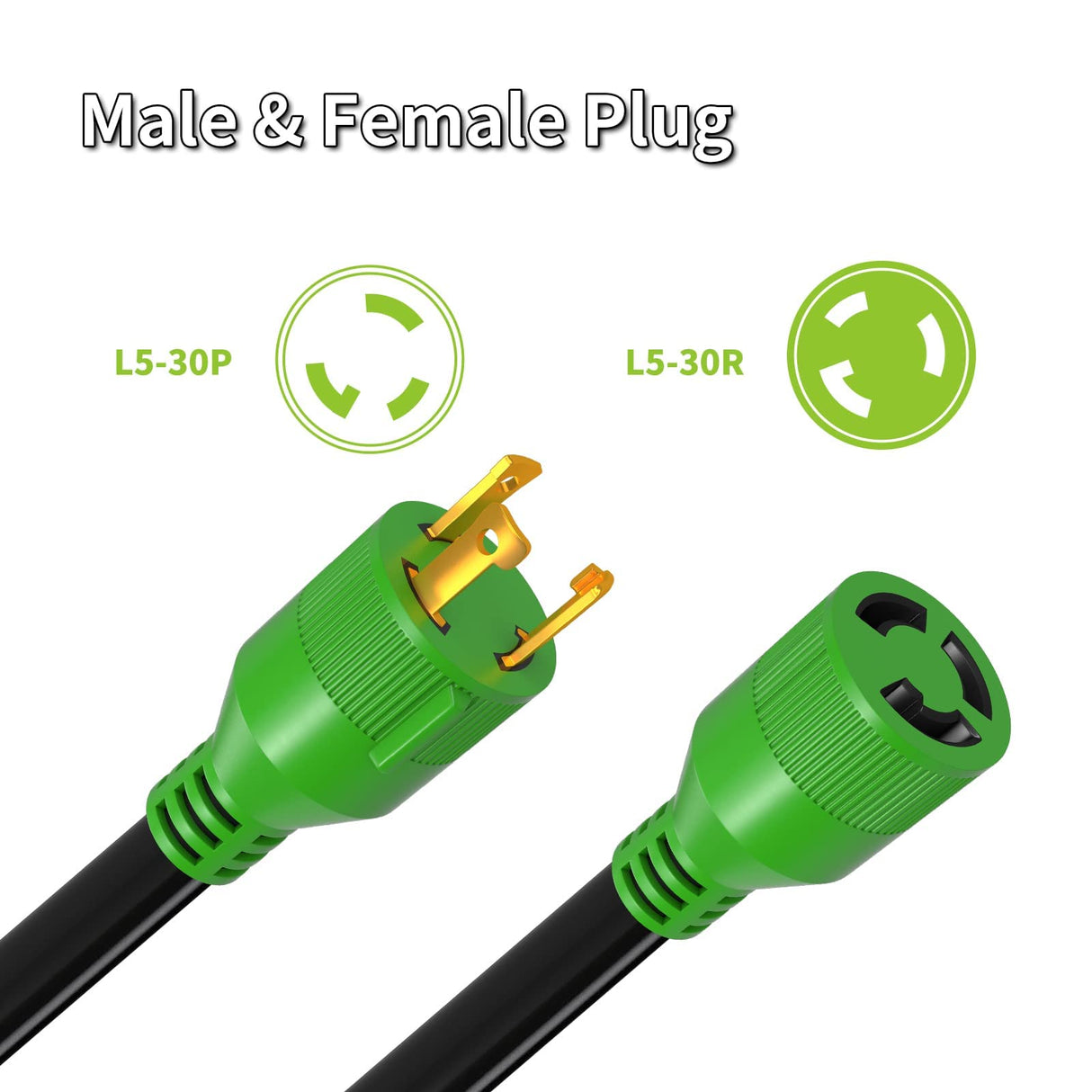 RVMATE 3 Prong 30 Amp Generator Extension Cord 75 Feet, NEMA L5-30P/L5-30R 125V SJTW Jacket RVMATE