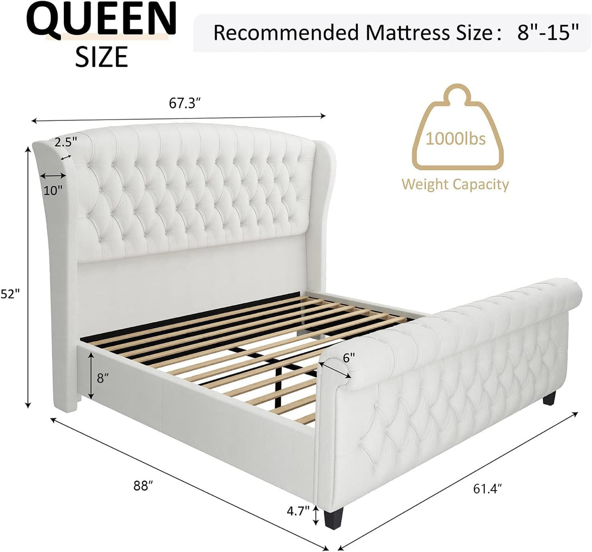 AMERLIFE Queen Size Platform Bed Frame, Chenille Upholstered Sleigh Bed with Scroll Wingback Headboard & Footboard/Button Tufted/No Box Spring Required/Cream AMERLIFE