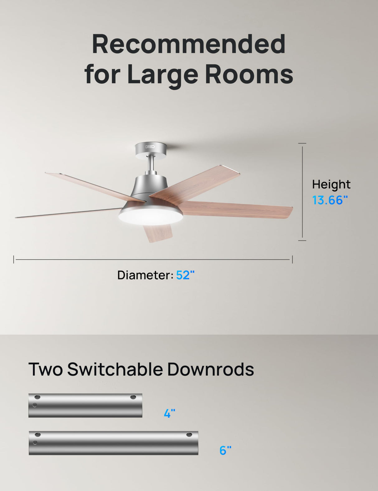 Dreo Ceiling Fans with Lights and Remote, 52 Inch, 6 Speeds, 5 Color Tones Dimmable LED, Quiet Reversible DC Motor, 8H Timer, Silver Ceiling Fan for Bedroom, Living Room, Easy to Install Dreo