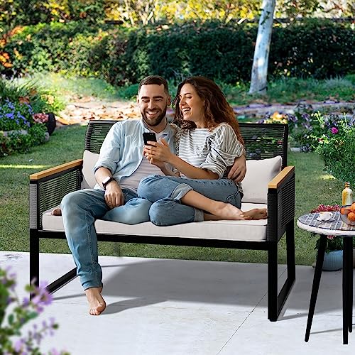 YITAHOME Patio Loveseat Wicker Outdoor Furniture, All Weather Rattan Conversation Loveseat for Backyard, Balcony and Deck with Wooden Armrest, Gray Cushions (Black) YITAHOME