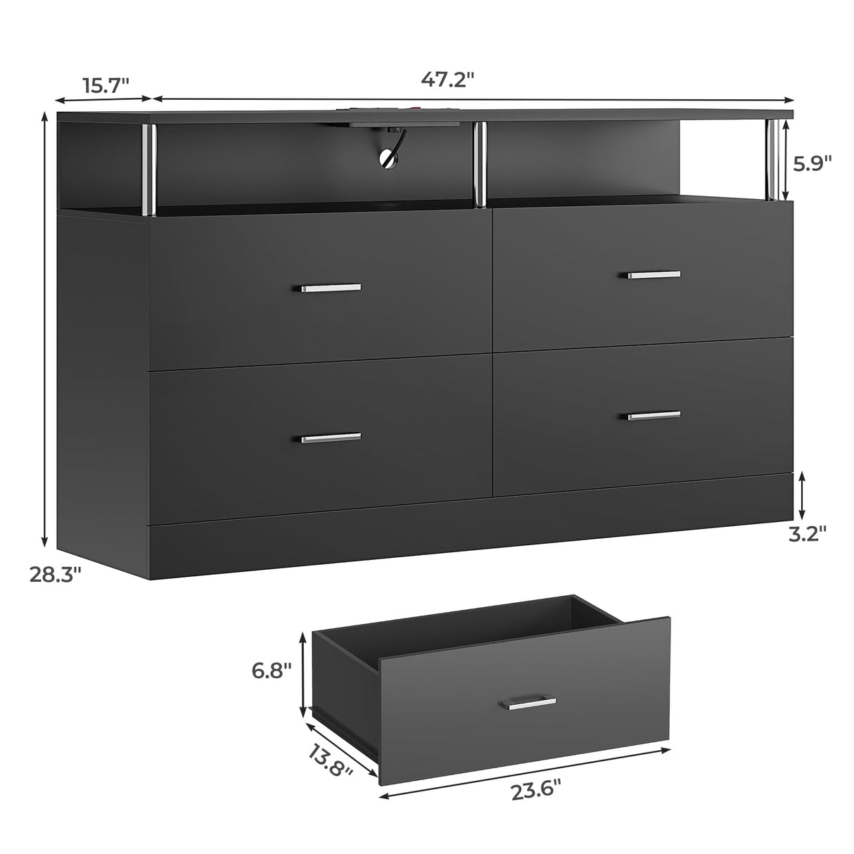 AOGLLATI Black Dresser for Bedroom with Charging Station, Bedroom Dressers with 4 Drawer, Dressers & Chests of Drawers with Column Design,Modern Led Wide Dresser for Living Room, Black AOGLLATI