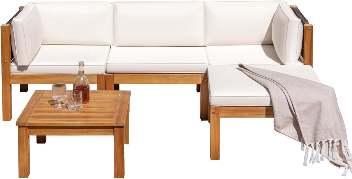 Greesum 5 Pieces Small Patio Sofa, Acacia Wood Outdoor Conversation Sets with Tea Table for Garden Porch and Backyard, Beige Greesum