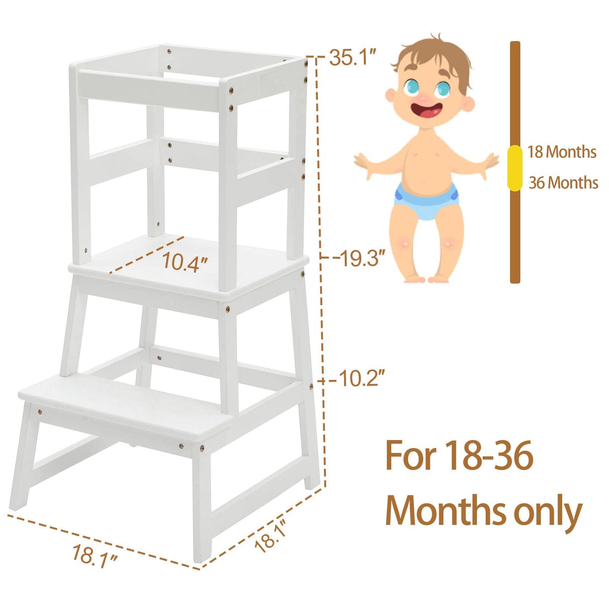 Kids Kitchen Step Stool for Kids with Safety Rail,Solid Wood Construction Toddler Learning Stool, Montessori Toddlers Kitchen Stool Tower (White) Wiifo