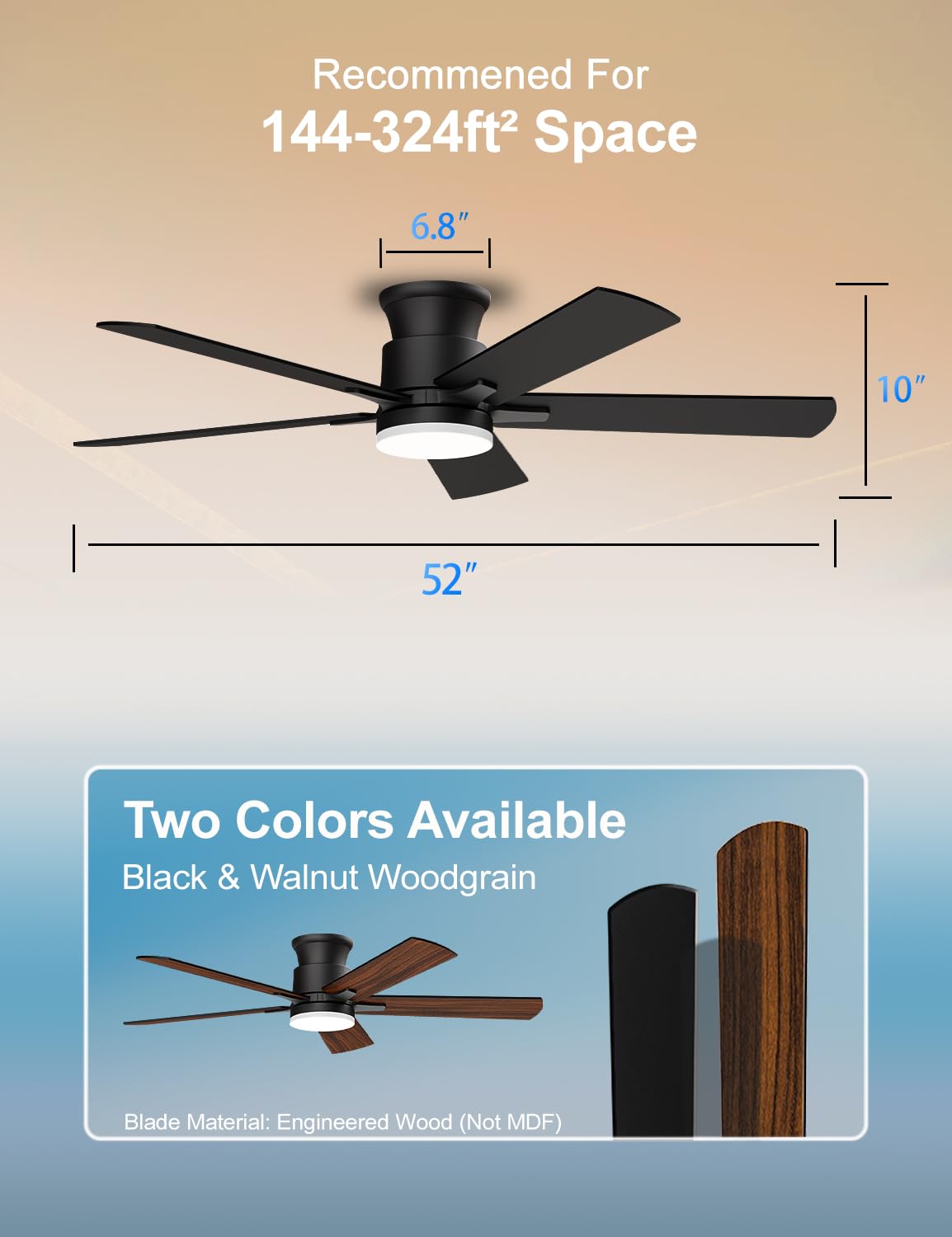 Ceiling Fans with Lights 52 Inch, Flush Mount, Remote Control, 3CCT Dimmable, 6 Speeds, Quiet Reversible DC Motor, Low Profile Hugger Black Ceiling Fan for Bedroom, Living Room, Indoor/Outdoor, ETL Allsmartlife