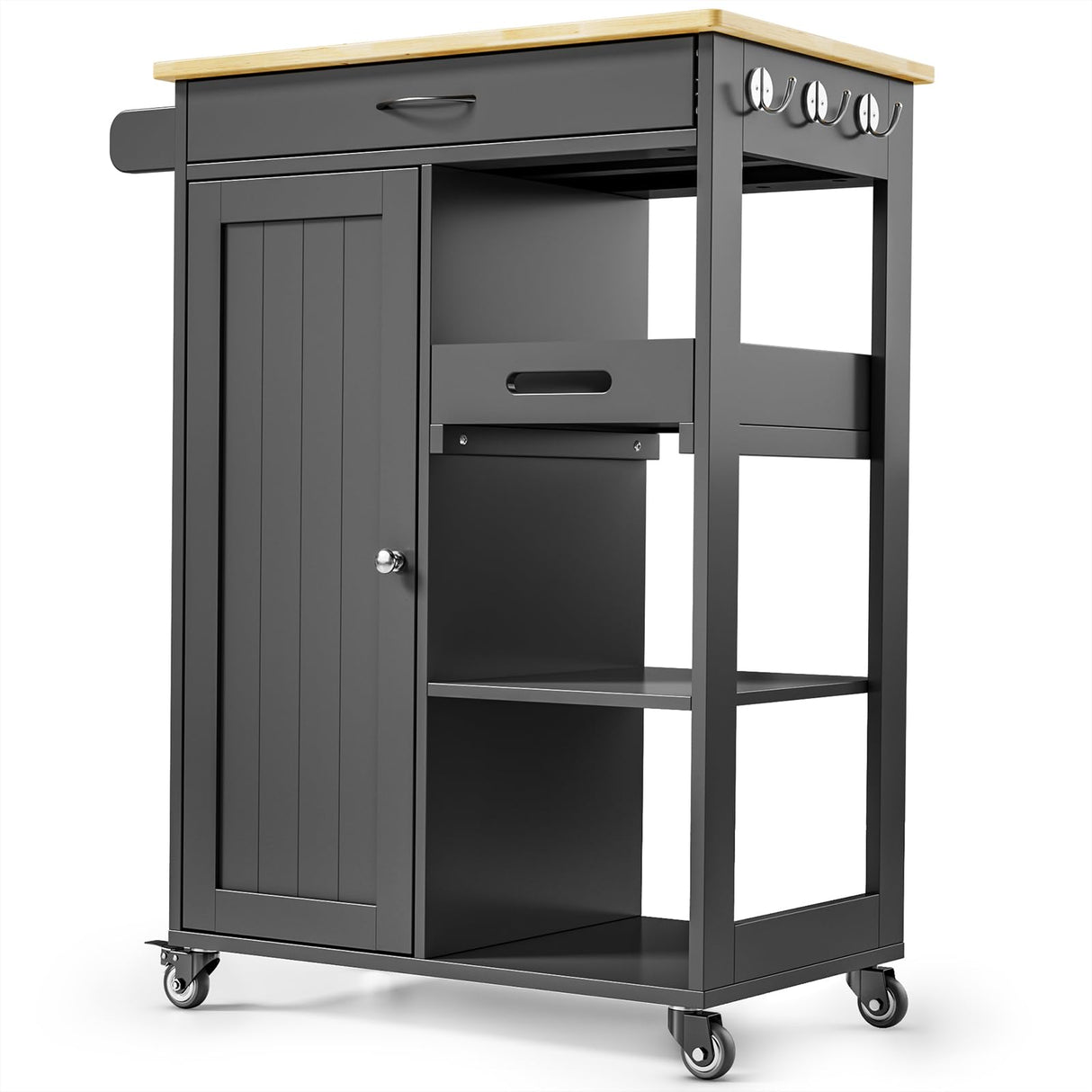 Gizoon Kitchen Island Cart with Solid Wood Top, Rolling Serving Utility Trolley Cart with Drawer, Cabinet, Towel Rack, Hooks and 3 Open Storage Shelves, Mobile Storage Cart for Dining Room, Bar, Black Gizoon