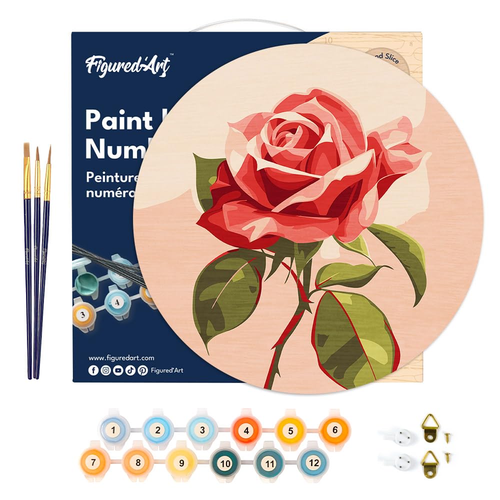 Figured'Art Paint by Numbers Kit for Adults on Wood Slice, 11.8in Diameter - Red Rose - Craft Art Painting DIY Canvas Figured'Art