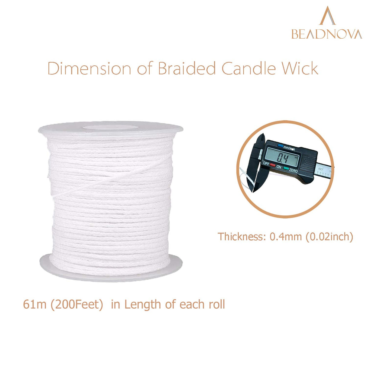 BEADNOVA Braided Candle Wick Spool 200 ft Cotton Roll Core Braided Wick for Candle Making and DIY (61m/67yard/200 Foot) BEADNOVA
