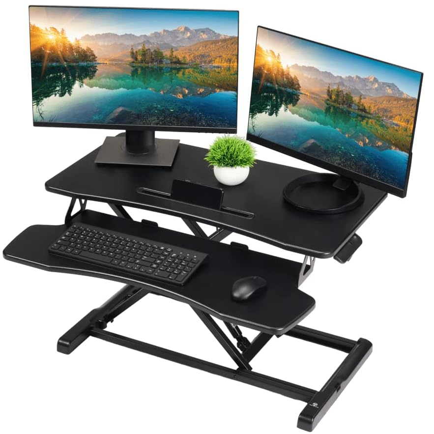 TechOrbits OF-S06-2 Desk Converter-37-inch Height Adjustable, MDF Wood, Sit-to-Stand Rise-X Pro Black, 37" TechOrbits