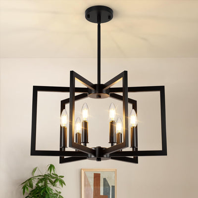 6-Light Black Chandelier, Farmhouse Dining Room Light Fixture, Large Modern Chandelier, Geometric Industrial Metal Hang Lighting Fixture for Foyer Entryway Kitchen Over Table Hallway Living Room