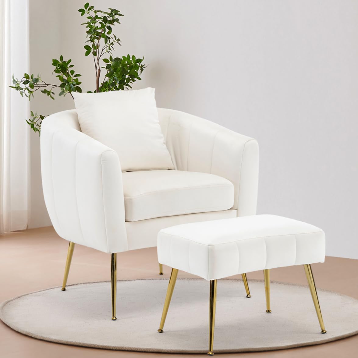 GODECOR Velvet Accent Chair Set,Modern Barrel Chair with Ottoman,Club Chair Reading Armchair with Lumbar Pillow for Living Room/Bedroom/Study Room/Home Office,White GODECOR