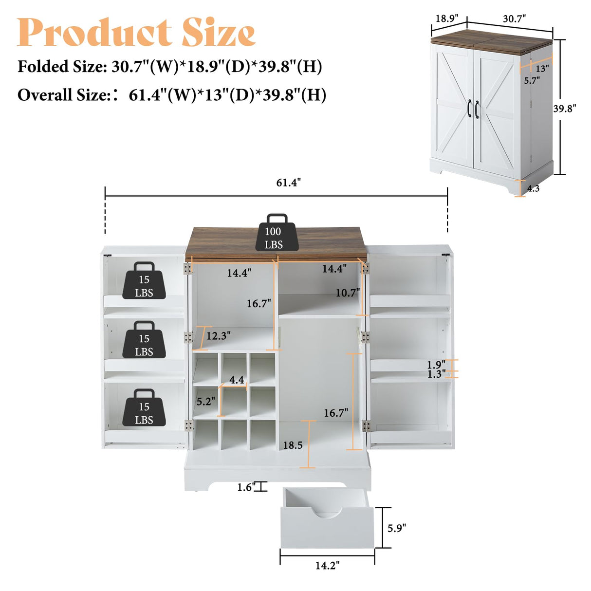AMERLIFE 61" Farmhouse Bar Cabinet with 9 Wine Racks, Folding Storage Wine Liquor Cabinet, Expandable Coffee Bar Station with Drawer, Mini Bar, Home Bar for Kitchen Dining Room, Rustic White AMERLIFE