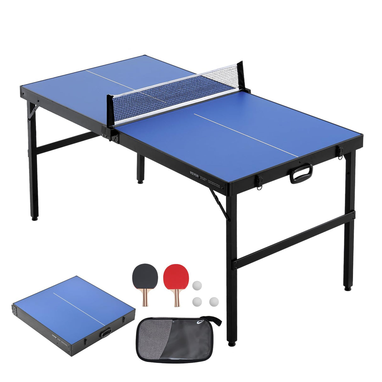 VEVOR Ping Pong Table, Mid-Size Table Tennis Game, Indoor MDF Table Tennis Table, Foldable Portable Complete Ping Pong Table Set with Net, 2 Paddles, 3 Balls, Carry Bag, Handle (No Assembly Required) VEVOR