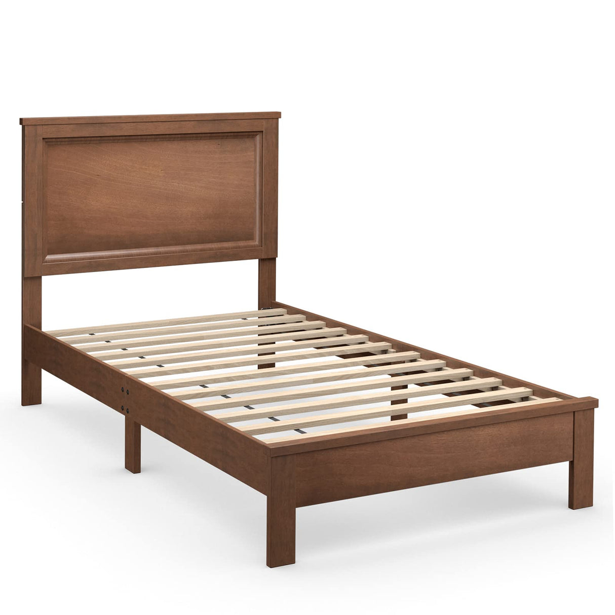 KOMFOTT Twin Size Wood Platform Bed Frame with Headboard, Wooden Mid Century Platform Bed with Slat Support & Under Bed Storage, Mattress Foundation Bed Base, No Box Spring Needed, Walnut KOMFOTT