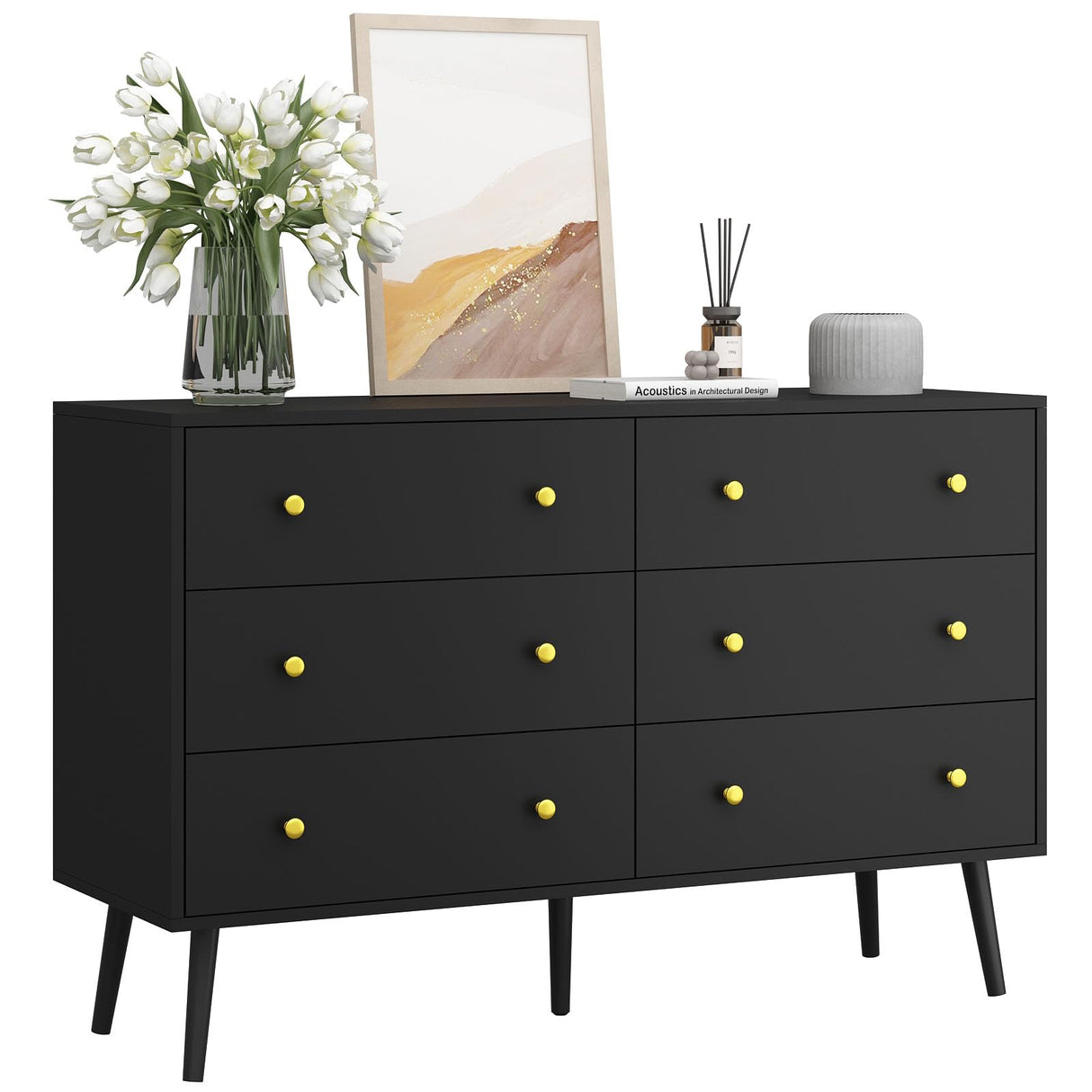 BAZELOR Dresser for Bedroom with 6 Drawers, Double Wood Dresser with Gold Handles, Modern Mid Century Chest of Drawers for Living Room, Hallway, Black BAZELOR