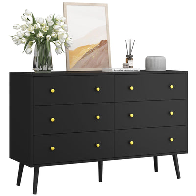 BAZELOR Dresser for Bedroom with 6 Drawers, Double Wood Dresser with Gold Handles, Modern Mid Century Chest of Drawers for Living Room, Hallway, Black