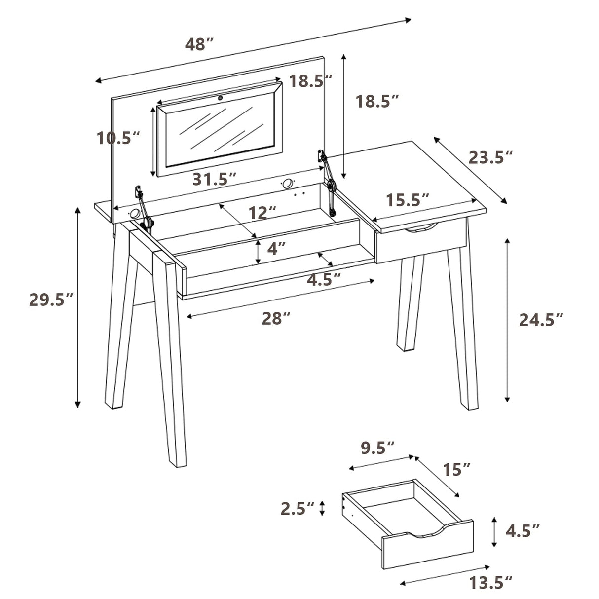 CHARMAID Large Vanity Table with Flip Top Mirror, 48'' Home Office Computer Desk Open Storage Cubby and Drawer, Modern Wood Writing Makeup Dressing CHARMAID