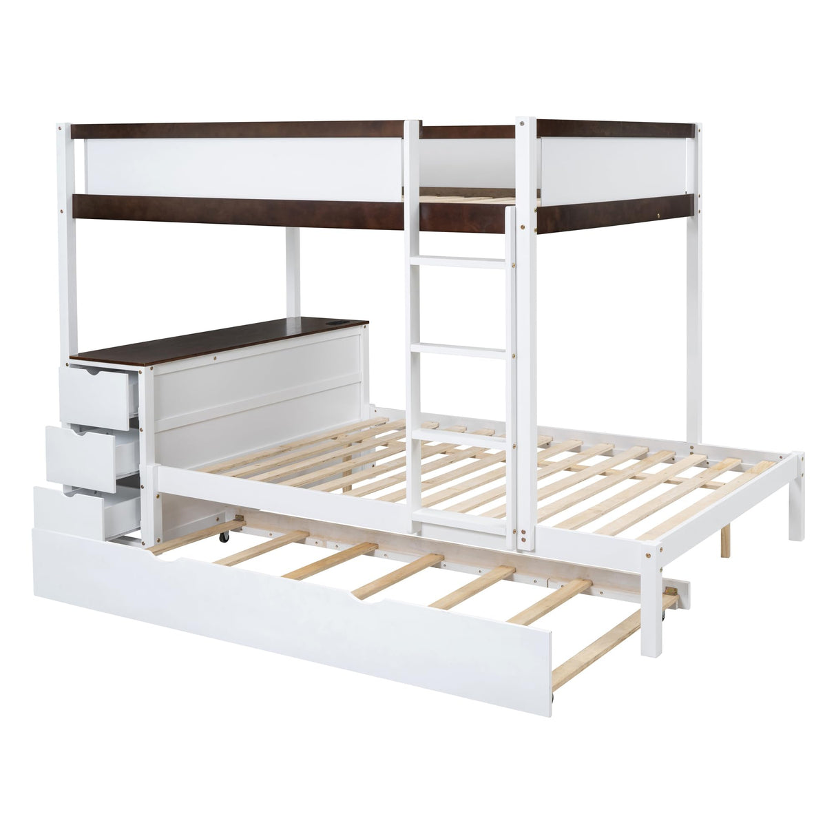 Harper & Bright Designs Full Over Full Bunk Bed Twin Size Trundle, Wood Full Bunk Bed with USB Ports, Storage and Desk, White+Walnut Harper & Bright Designs